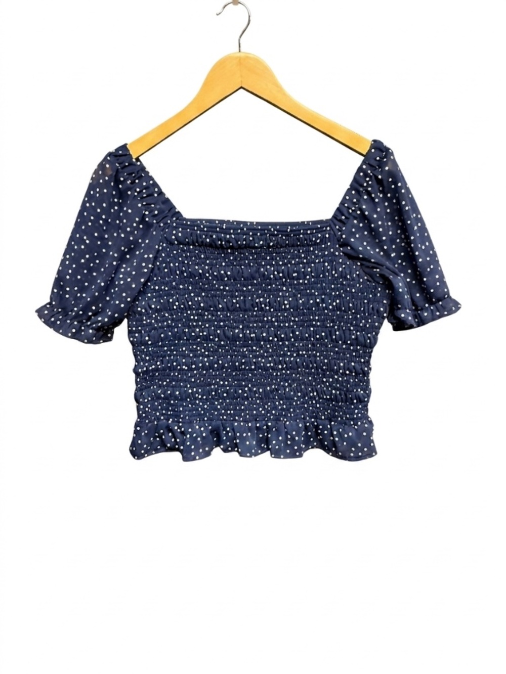 BCX Navy Blue Polka Dot Smocked Puff Sleeve Crop Top - Size Junior's XL
